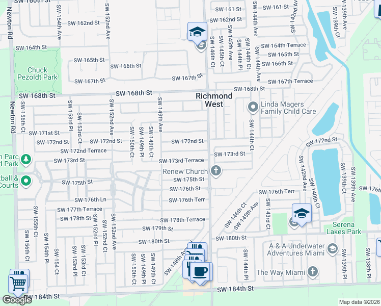 map of restaurants, bars, coffee shops, grocery stores, and more near 14762 SW 173rd St in Miami