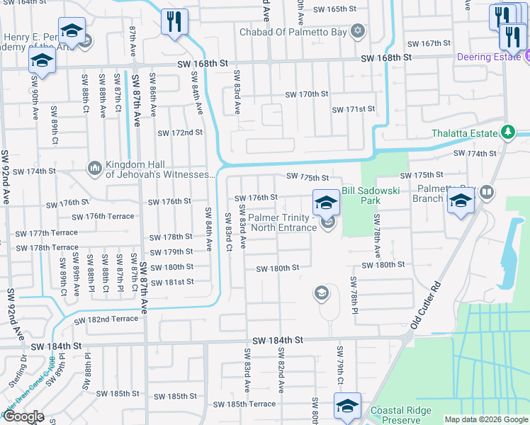 map of restaurants, bars, coffee shops, grocery stores, and more near 8224 Southwest 176th Terrace in Palmetto Bay