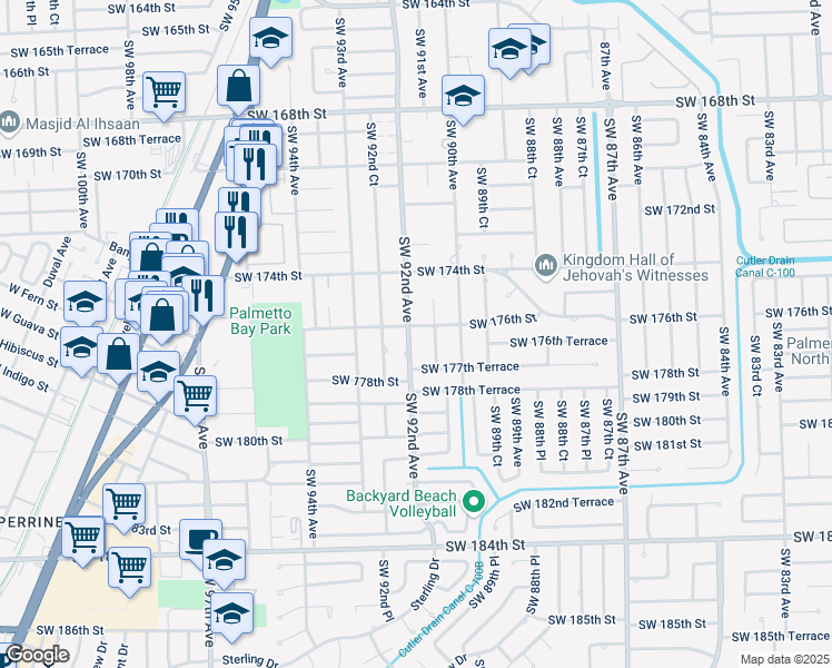 map of restaurants, bars, coffee shops, grocery stores, and more near 17601 Southwest 92nd Avenue in Palmetto Bay