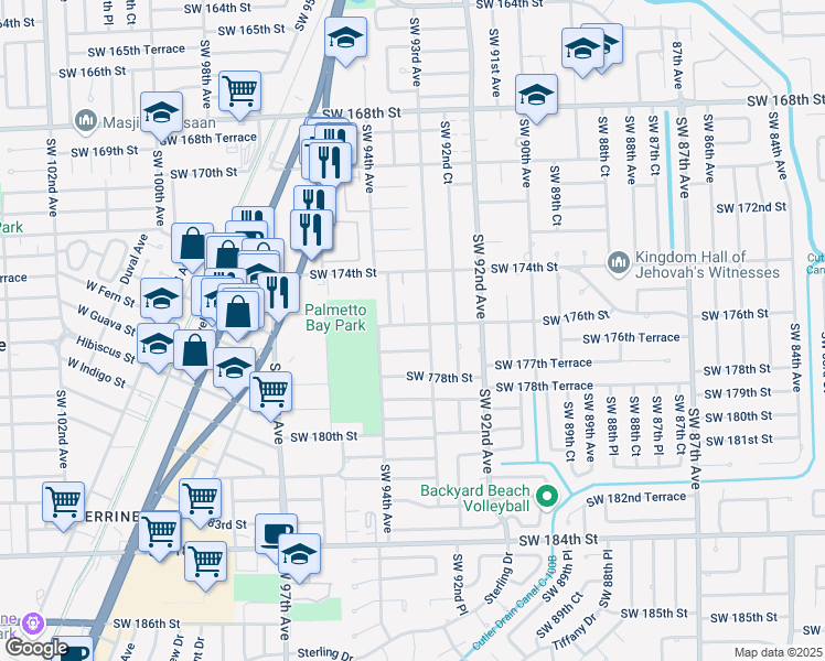 map of restaurants, bars, coffee shops, grocery stores, and more near 9320 Southwest 176th Street in Palmetto Bay