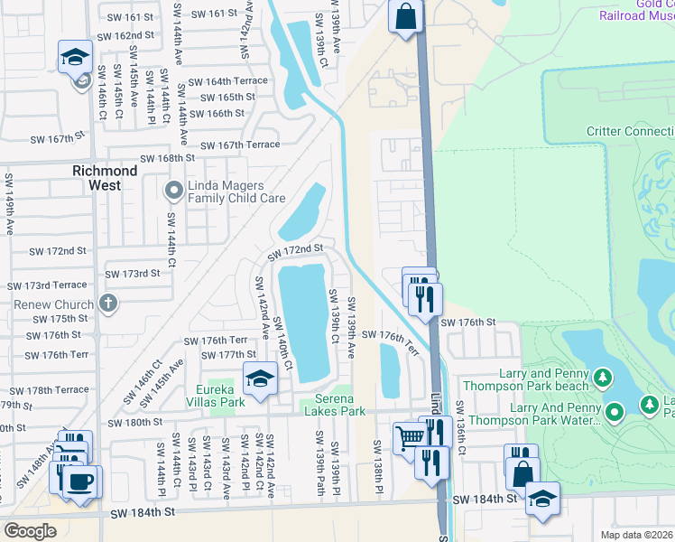 map of restaurants, bars, coffee shops, grocery stores, and more near 13909 Southwest 173rd Terrace in Miami