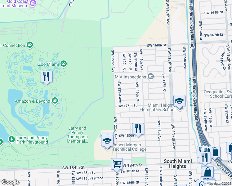 map of restaurants, bars, coffee shops, grocery stores, and more near 17341 SW 122nd Ave in Miami