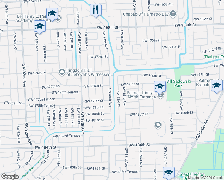 map of restaurants, bars, coffee shops, grocery stores, and more near 17625 Southwest 84th Avenue in Palmetto Bay