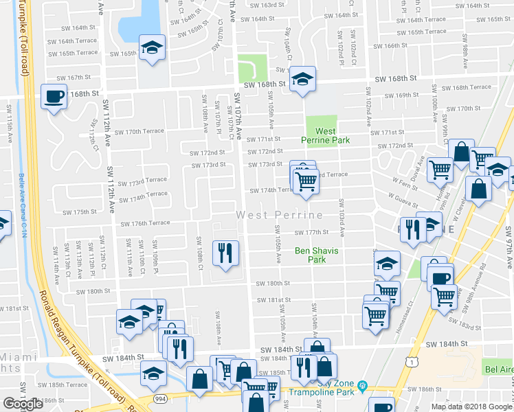 map of restaurants, bars, coffee shops, grocery stores, and more near 17576 Southwest 106th Avenue in Miami