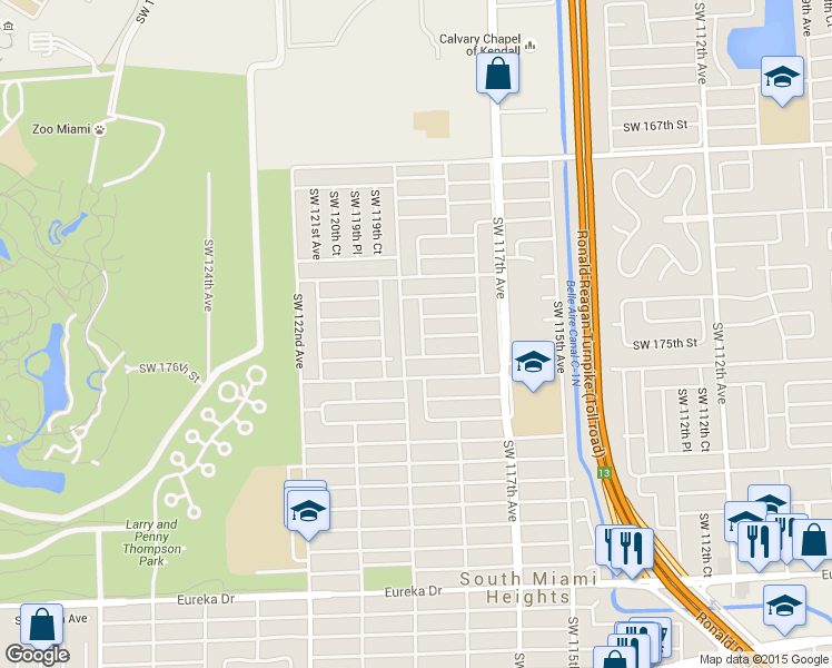 map of restaurants, bars, coffee shops, grocery stores, and more near 17400 SW 118th Pl in Miami