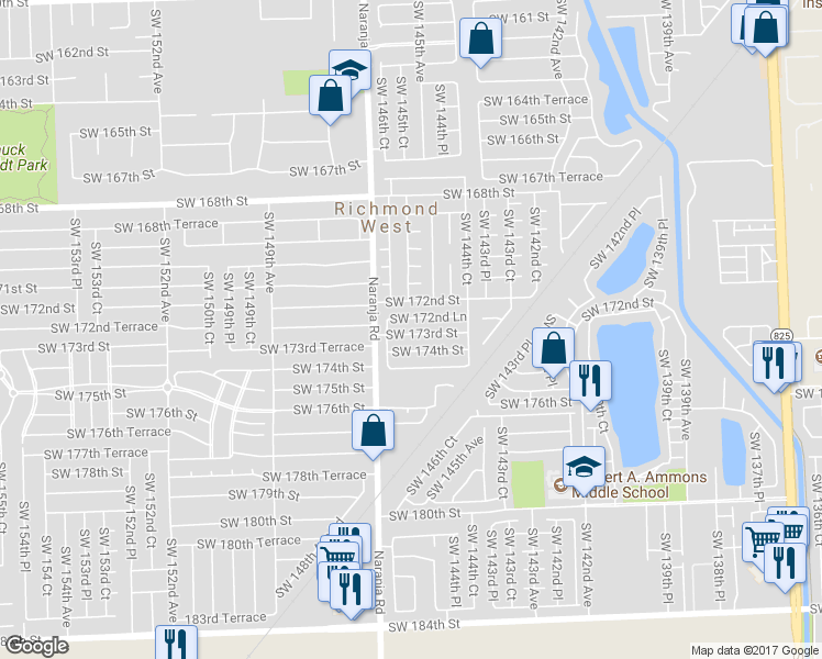 map of restaurants, bars, coffee shops, grocery stores, and more near 14605 Southwest 173rd Street in Miami