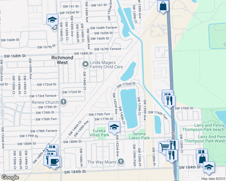 map of restaurants, bars, coffee shops, grocery stores, and more near 17317 Southwest 142nd Court in Miami