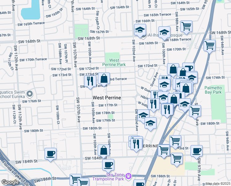map of restaurants, bars, coffee shops, grocery stores, and more near 10340 Southwest 175th Street in Miami