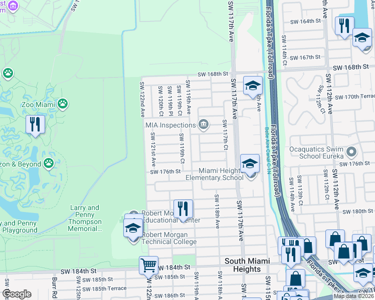 map of restaurants, bars, coffee shops, grocery stores, and more near 17400 Southwest 118th Place in Miami