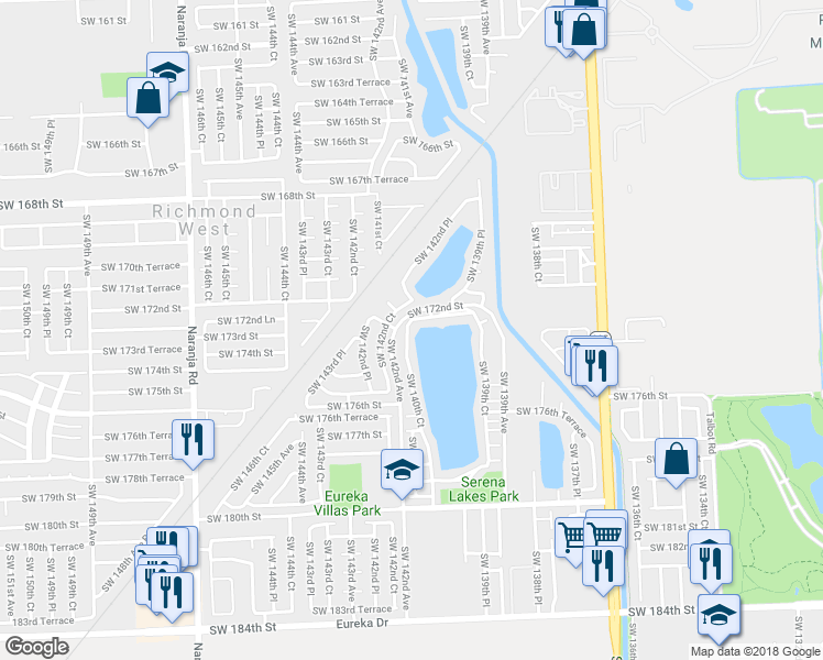 map of restaurants, bars, coffee shops, grocery stores, and more near 14050 Southwest 172nd Terrace in Miami