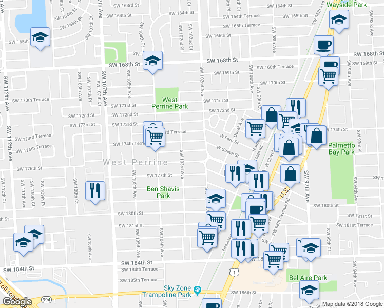 map of restaurants, bars, coffee shops, grocery stores, and more near 10270 Southwest 175th Street in Miami