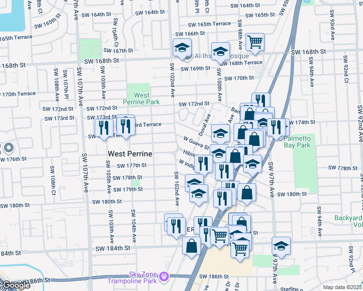 map of restaurants, bars, coffee shops, grocery stores, and more near 10145 Hibiscus Street in Miami