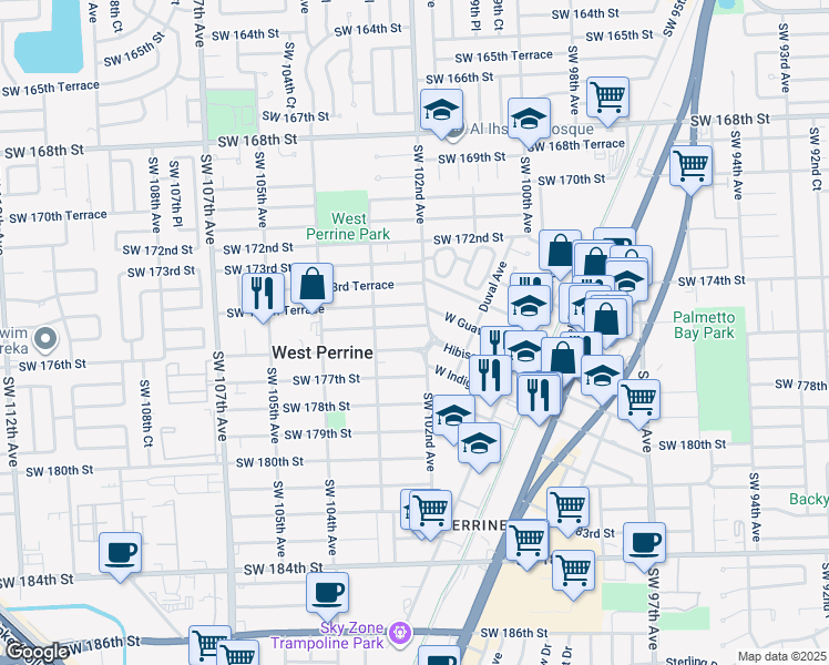 map of restaurants, bars, coffee shops, grocery stores, and more near 10270 Southwest 175th Street in Miami