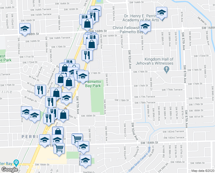 map of restaurants, bars, coffee shops, grocery stores, and more near 9363 Southwest 176th Street in Palmetto Bay