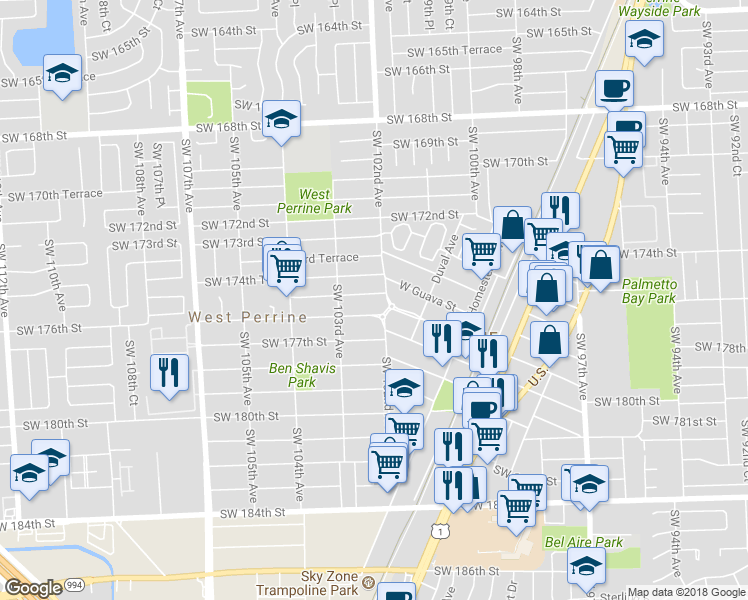 map of restaurants, bars, coffee shops, grocery stores, and more near 10270 Southwest 175th Street in Miami
