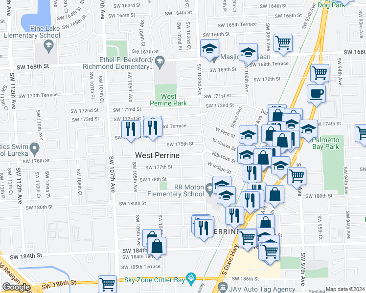 map of restaurants, bars, coffee shops, grocery stores, and more near 10270 Southwest 175th Street in Miami