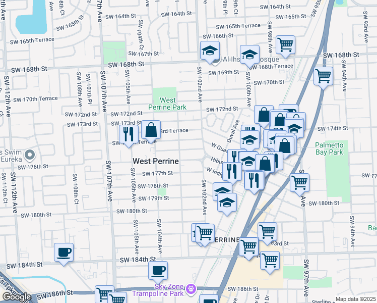 map of restaurants, bars, coffee shops, grocery stores, and more near 10270 Southwest 175th Street in Miami