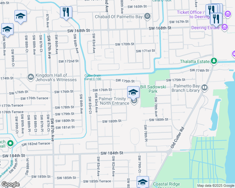 map of restaurants, bars, coffee shops, grocery stores, and more near 17711 Southwest 81st Court in Palmetto Bay