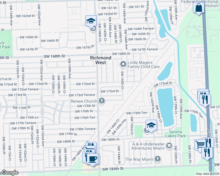 map of restaurants, bars, coffee shops, grocery stores, and more near 14605 Southwest 173rd Street in Miami