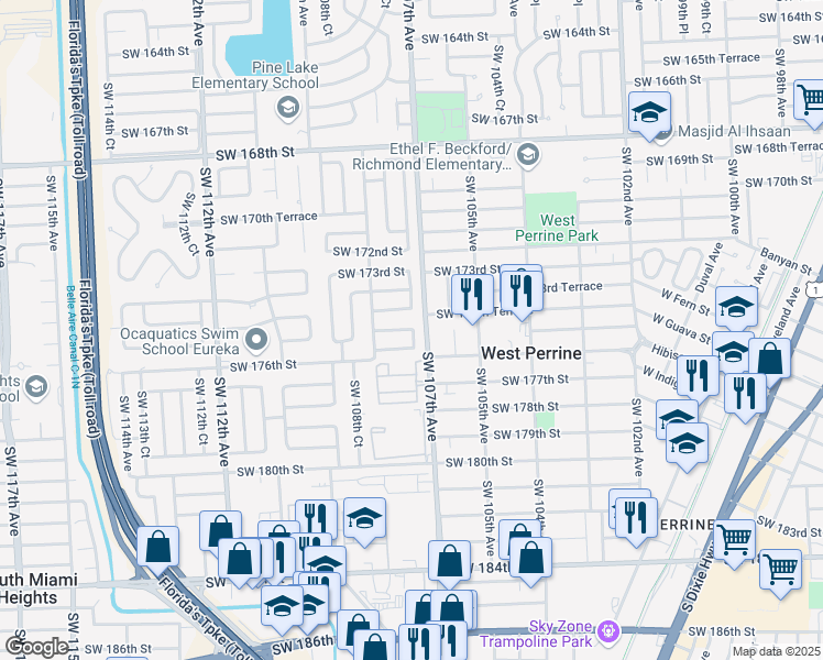 map of restaurants, bars, coffee shops, grocery stores, and more near 7700 Southwest 175th Street in Miami