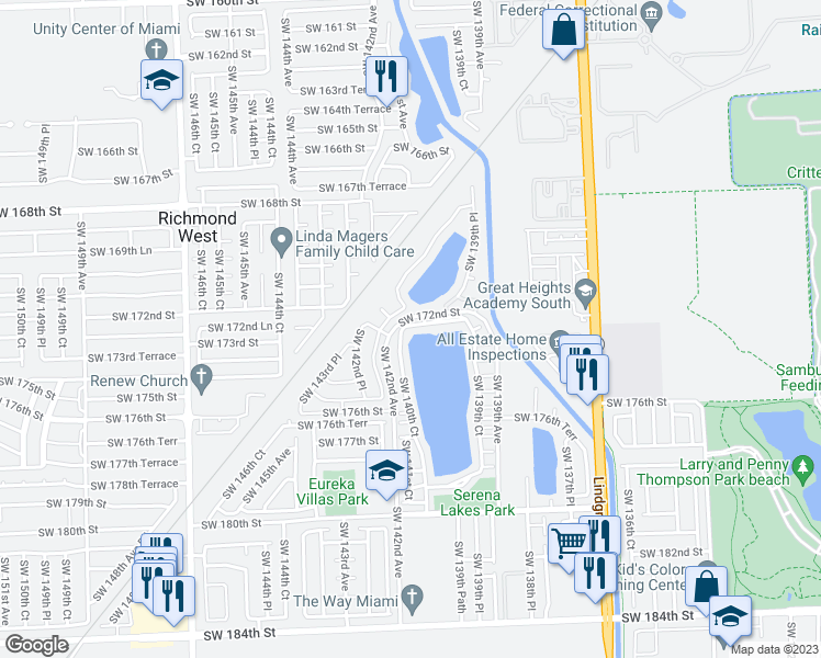 map of restaurants, bars, coffee shops, grocery stores, and more near 14050 Southwest 172nd Terrace in Miami