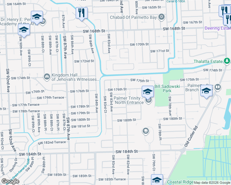 map of restaurants, bars, coffee shops, grocery stores, and more near 8224 Southwest 176th Terrace in Palmetto Bay