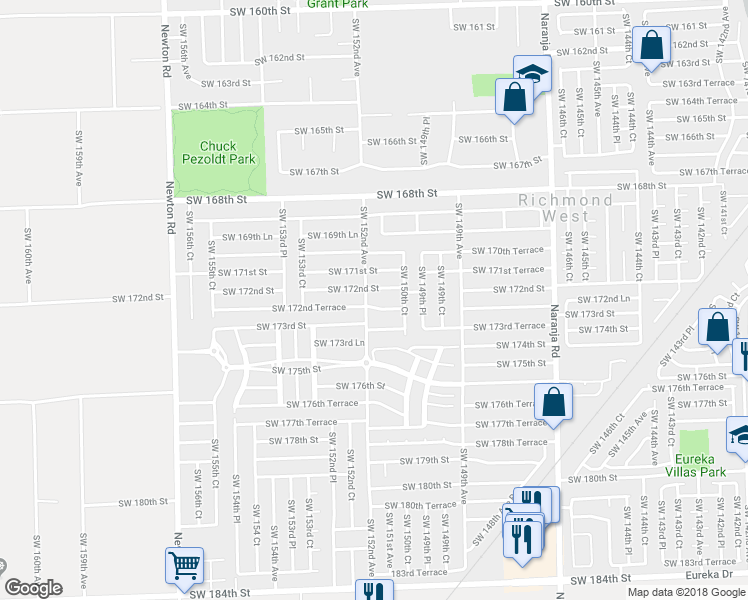 map of restaurants, bars, coffee shops, grocery stores, and more near 15147 Southwest 172nd Terrace in Miami