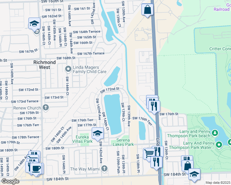 map of restaurants, bars, coffee shops, grocery stores, and more near 13930 Southwest 172nd Terrace in Miami