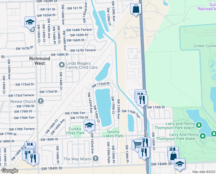 map of restaurants, bars, coffee shops, grocery stores, and more near 13930 Southwest 172nd Terrace in Miami