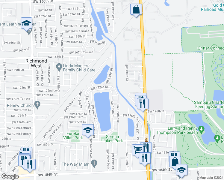 map of restaurants, bars, coffee shops, grocery stores, and more near 13917 Southwest 172nd Lane in Miami