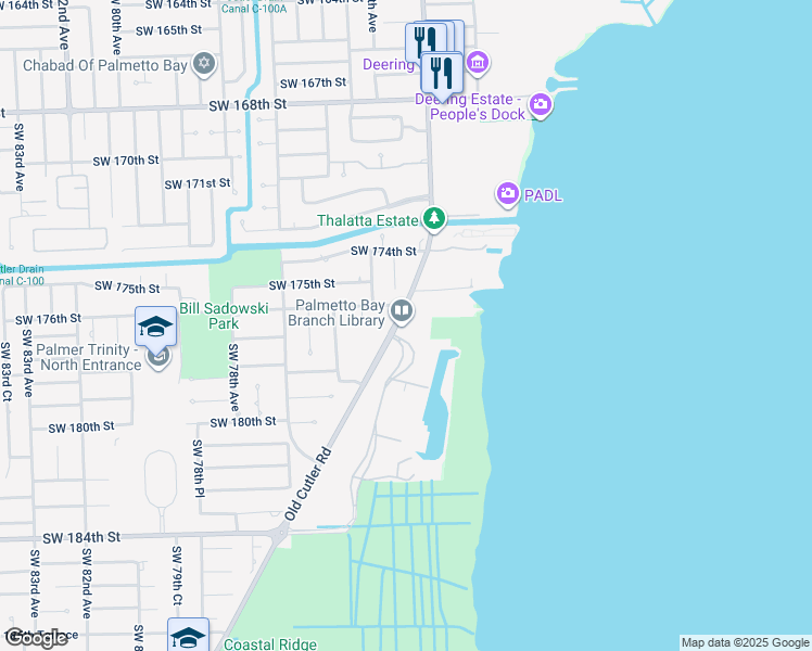 map of restaurants, bars, coffee shops, grocery stores, and more near 17641 Old Cutler Road in Palmetto Bay