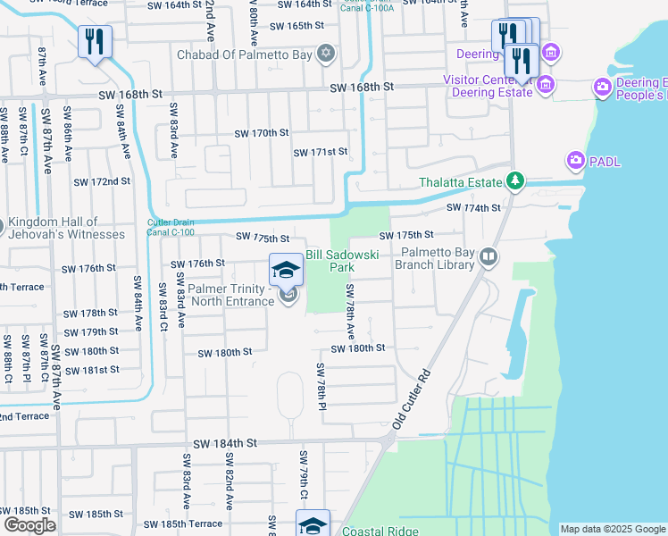 map of restaurants, bars, coffee shops, grocery stores, and more near 17555 Southwest 79th Avenue in Palmetto Bay
