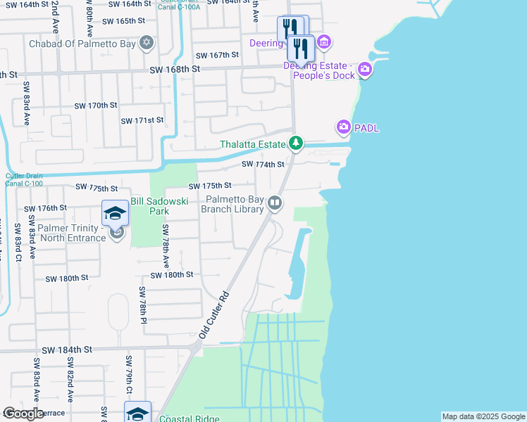 map of restaurants, bars, coffee shops, grocery stores, and more near 17641 Old Cutler Road in Palmetto Bay