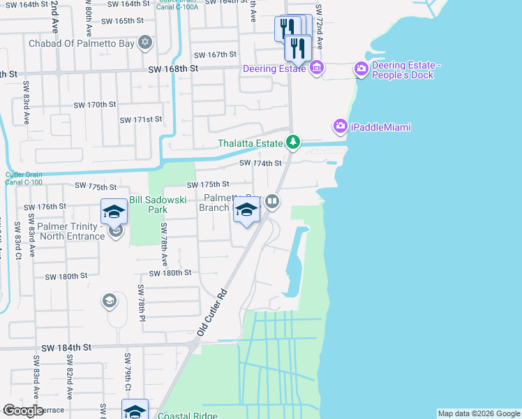 map of restaurants, bars, coffee shops, grocery stores, and more near 17641 Old Cutler Road in Palmetto Bay