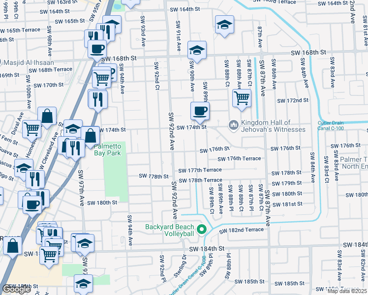 map of restaurants, bars, coffee shops, grocery stores, and more near 17601 Southwest 92nd Avenue in Palmetto Bay