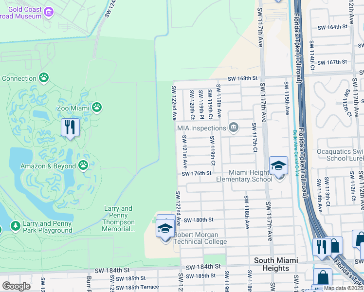 map of restaurants, bars, coffee shops, grocery stores, and more near 17341 Southwest 122nd Avenue in Miami
