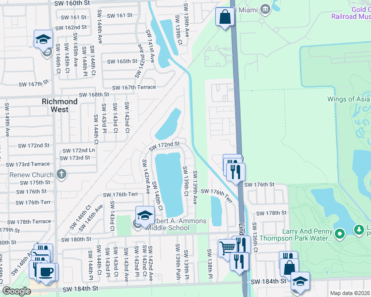 map of restaurants, bars, coffee shops, grocery stores, and more near 13909 Southwest 173rd Terrace in Miami