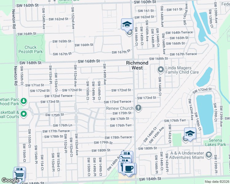 map of restaurants, bars, coffee shops, grocery stores, and more near 14861 Southwest 173rd Street in Miami