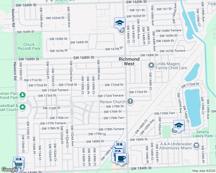 map of restaurants, bars, coffee shops, grocery stores, and more near 14861 Southwest 173rd Street in Miami