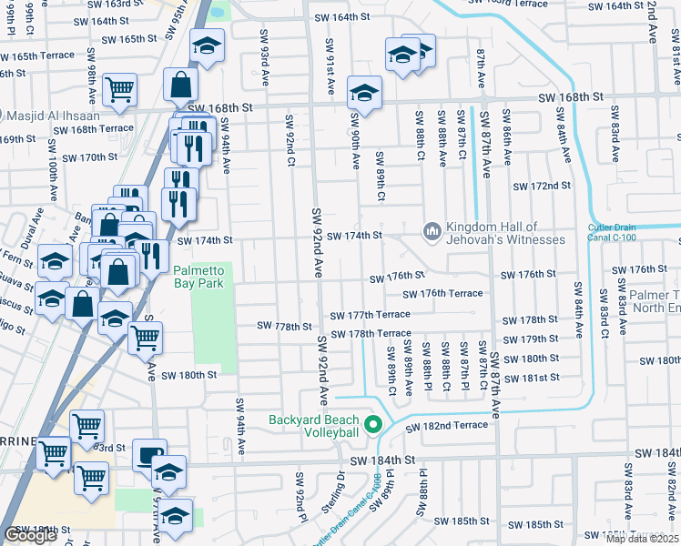 map of restaurants, bars, coffee shops, grocery stores, and more near 17601 Southwest 92nd Avenue in Palmetto Bay