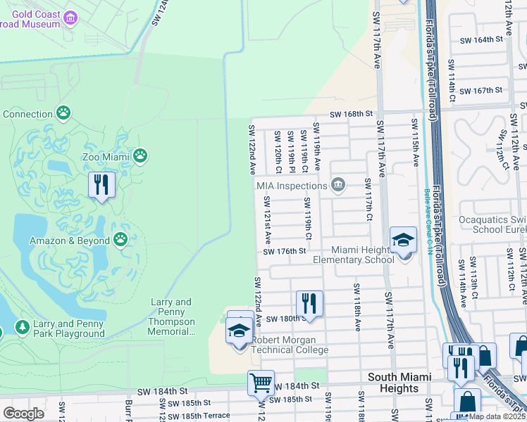 map of restaurants, bars, coffee shops, grocery stores, and more near 17341 Southwest 122nd Avenue in Miami