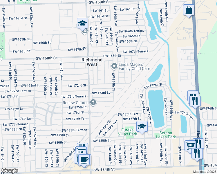 map of restaurants, bars, coffee shops, grocery stores, and more near 14473 Southwest 172nd Lane in Miami