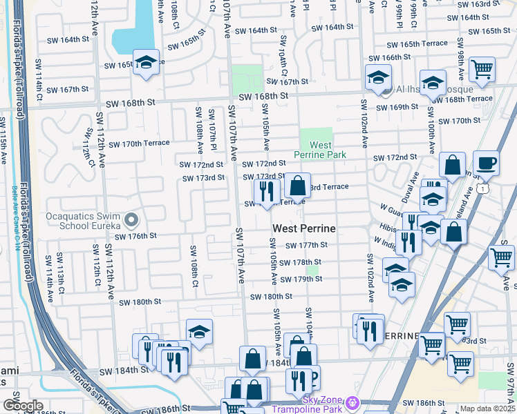 map of restaurants, bars, coffee shops, grocery stores, and more near 17576 Southwest 106th Avenue in Miami