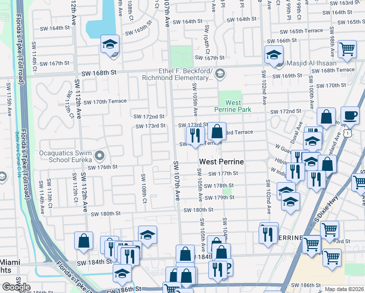 map of restaurants, bars, coffee shops, grocery stores, and more near 17576 Southwest 106th Avenue in Miami