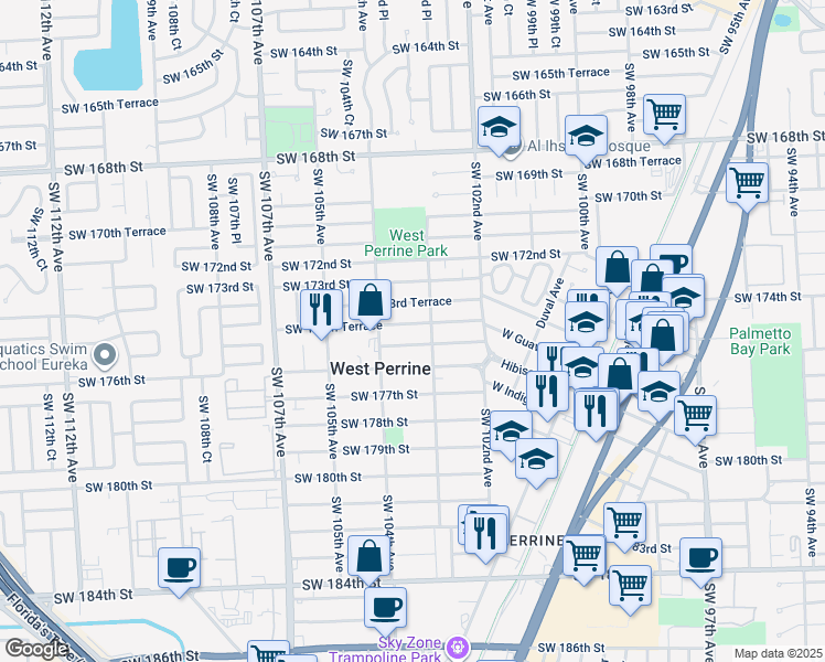map of restaurants, bars, coffee shops, grocery stores, and more near 10340 Southwest 175th Street in Miami