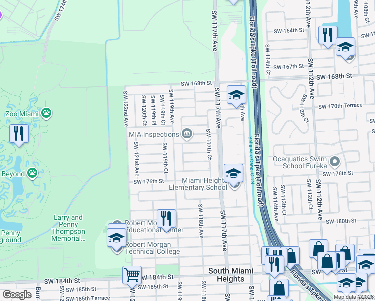 map of restaurants, bars, coffee shops, grocery stores, and more near 17400 Southwest 118th Place in Miami