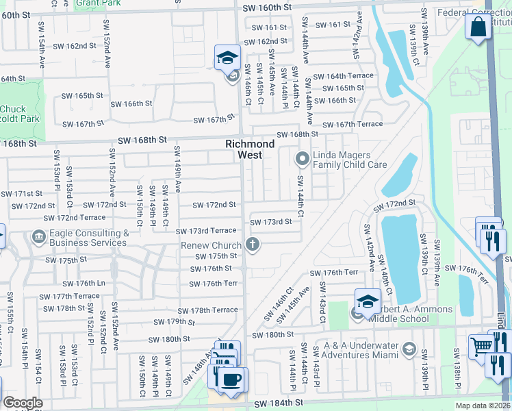 map of restaurants, bars, coffee shops, grocery stores, and more near 14605 Southwest 173rd Street in Miami