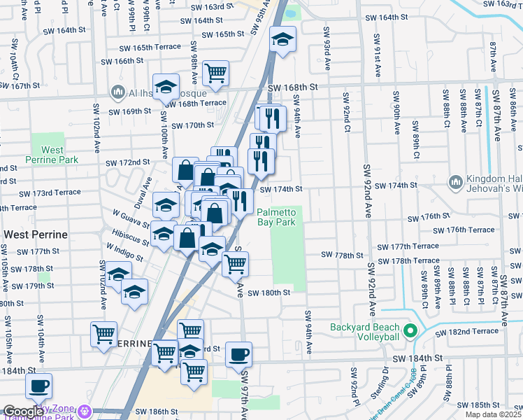 map of restaurants, bars, coffee shops, grocery stores, and more near 17555 South Dixie Highway in Palmetto Bay