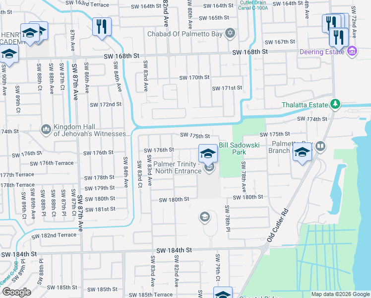 map of restaurants, bars, coffee shops, grocery stores, and more near 8106 Southwest 176th Street in Palmetto Bay