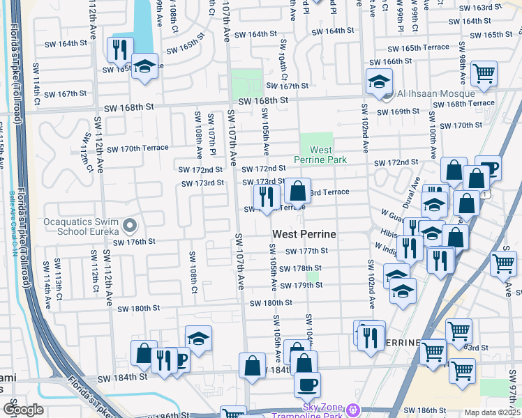 map of restaurants, bars, coffee shops, grocery stores, and more near 17330 Southwest 106th Avenue in Miami